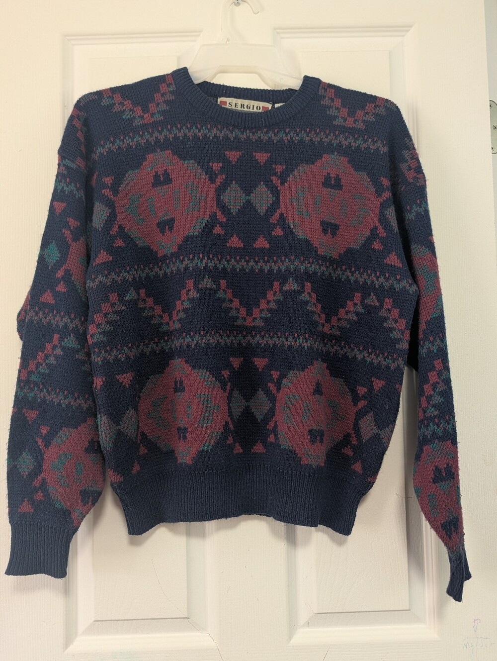 Sergio Valente Navy Crewneck Sweater with Rose and Teal Geometric Motif  Size XL